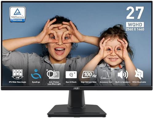 msi PRO MP275Q 27 Inch WQHD Office Monitor - 2560 x 1440 IPS Panel, 100 Hz, Eye-Friendly Screen, Built-in Speakers, Tilt-Adjustable - HDMI 2.0b, DP (1.2a)