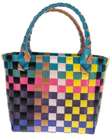 VINTORKY Geflochtener Aufbewahrungskorb Mit Griff Multifunktionale Einkaufstasche Aus Pvc Für Picknick Strand Und Zuhause Robuster Bunter Korb Für Snacks Früchte Und Mehr