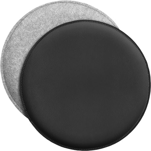 Miqio Cojín de asiento de diseño, cojín reversible redondo de fieltro y piel sintética, cojín para silla de 35 cm de diámetro, juego de 2 unidades, para banco y silla, color gris claro y negro