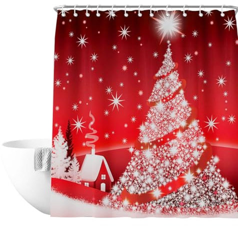 RobLuX Tenda da Doccia Natalizia Pino Invernale di Natale Rosso Tenda da Doccia Impermeabile Scena di Neve Natalizia Tenda da Doccia In Poliestere 180 X 180 CM