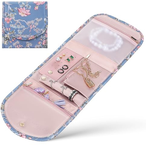 Luxshiny Travel Jewellery Organiser Pouch Jewelry Roll Bag with Snap Button Closure Divided Compartments for Necklaces Earrings Rings Watches Compact Storage for Travel and Daily Use