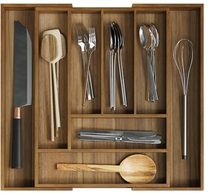Smuxee Acacia Wood Kitchen Silverware Drawer Organizer, 8 Compartment Utensil Holder, Kitchen Drawer Divider for Silverware and Kitchenware