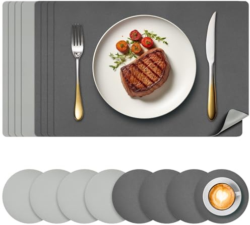 Votoko 8er Set Tischsets Abwaschbar, Platzsets Abwischbar mit Untersetzer, Leder Platzdeckchen Hitzebeständig Doppelseitigen Wasserdicht, Kunstleder Tischset rutschfest für Küche Restaurant, Schwarz