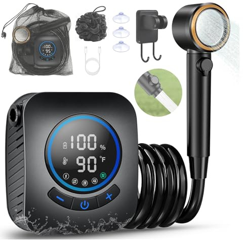 Portable Shower for Camping, 8000mAh Rechargeable Camping Shower with 5 Adjustable Speeds, 4 Spray Modes, IPX8 Waterproof LED Display, Kit for Hiking, Travel, Car, Pet