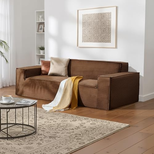 VEVOR Canapé Moderne 2110 mm, canapé Nuage Confortable en Velours côtelé avec assises Profondes, Grand Sofa de Salon Moelleux avec Larges accoudoirs, pour Chambre, Appartement et Bureau, Marron