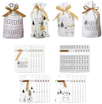 24 bolsas de regalo de Navidad con cordón – Bolsas reutilizables de alta calidad para fiestas de Navidad, dulces y aperitivos – Embalaje ideal para Navidad, cumpleaños y celebraciones