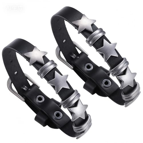 CALFOVERA 2 pulsera de Cuero Genuino con Tachuelas de Estrella de Aleación de Roca, Pulsera Ajustable de Cuero Negro Vintage Punk con Hebilla de Cinturón para Hombres Y Mujeres, Joyería de Uso Diario.