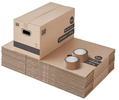 Pack and Move - Lote de 30 cajas de almacenamiento estándar, 60 x 30 x 30 cm, asas reforzadas, 2 adhesivos
