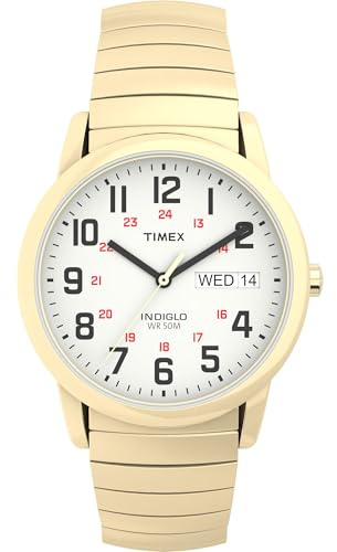 Timex Men's Easy Reader 35mm Day-Date Watch – Gold-Tone Case White Dial with Gold-Tone Expansion Band