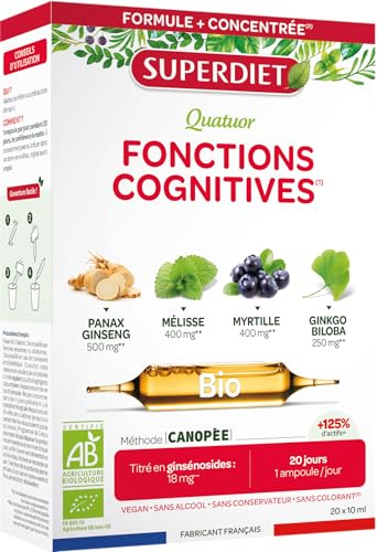 Ginseng, Mélisse, Myrtille, Gingko biloba - Fonctions cognitives - Ampoules