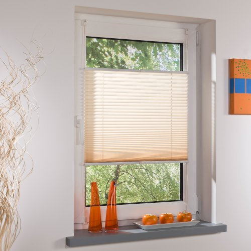 Liedeco® Plissee verspannt mit Klemmträger / 90 x 150 cm beige (Breite x Höhe) / lichtdurchlässig Blickdicht und stufenlos verstellbar/leichte Innen-Montage ohne Bohren / 123 montiert