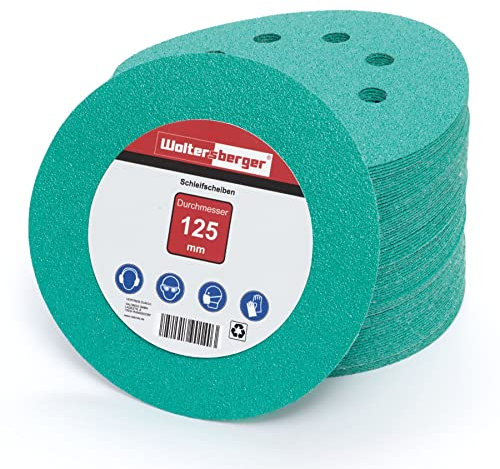 Woltersberger® Pack of 50 Eccentric Sanding Discs, Diameter 125 mm, Grain Size P40, 8 Holes in Green, for Optimal Sanding, Versatile, Velcro Sandpaper Adhesive