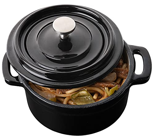 Restaurantware 8 Ounce Mini Casserole Dish 1 Mini Dutch Oven With Lid - Enameled Round Black Cast Iron Mini Cocotte Heavy-Duty For Baking Braising Or Roasting