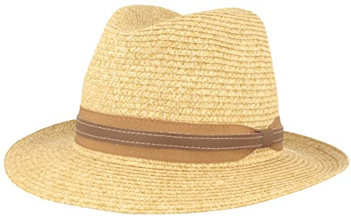 Breiter Sombrero de Sol Estilo Bogart Sombrero de Verano de Paja de Papel 100% Ligero Flexible Agradable a la Piel y Cómodo, Color Beige Jaspeado - Correa de Piel sintética S