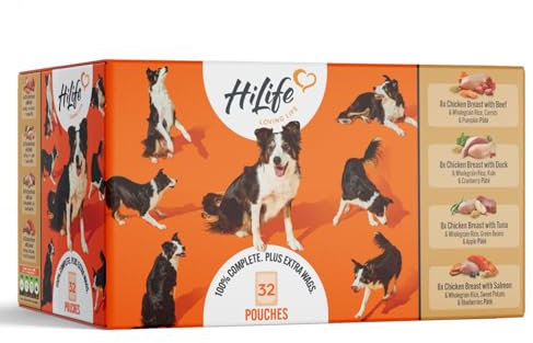 HiLife Adult Wet Dog Food, Mixed Chicken Recipes, Complete Dog Food Pouches, 100% Natural ingredients, Multipack Chicken with Duck, Beef, Tuna, Salmon (32 x 150g Pouches)