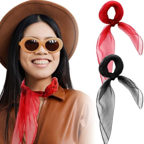 Geyoga 2 Stück Quadrat Chiffon Retro Schal Leichtes Halstuch Seiden Chiffon Halstuch für Mädchen Frauen 50er Jahre Kopftuch(Schwarz, Rot)
