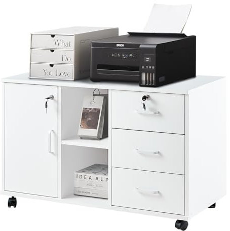 TUKAILAI Rollcontainer Abschließbar mit 3 Schubladen, Lagerung Fach und Offene Regale, Aktenschrank, Büroschrank mit Rollen, Dokumente in DIN-A4, Legal, Letter-Format, Büromöbel, Weiß