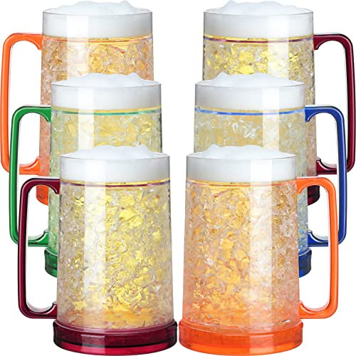 Eccliy 6 Pcs Beer Mugs for Freezer with Gel, 16 oz Double Wall Insulated Plastic Beer Glasses Cups with Handles, Frozen Ice Mugs for Drinks BBQ Men Summer Pool Game Parties