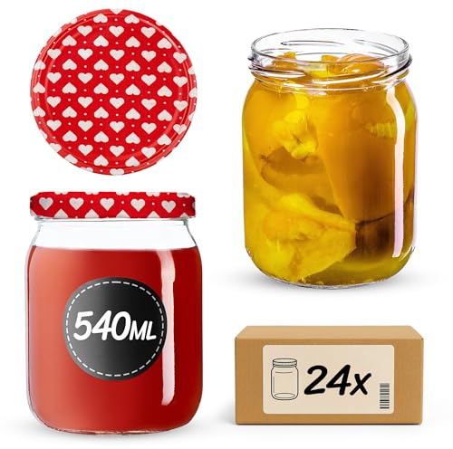 KADAX syltburkar 540 ml, konserveringsburkar med skruvlock, glas med skruvlock, konserveringsburkar, förvaringsburkar för insättning av gurkor (24 stycken, hjärta)