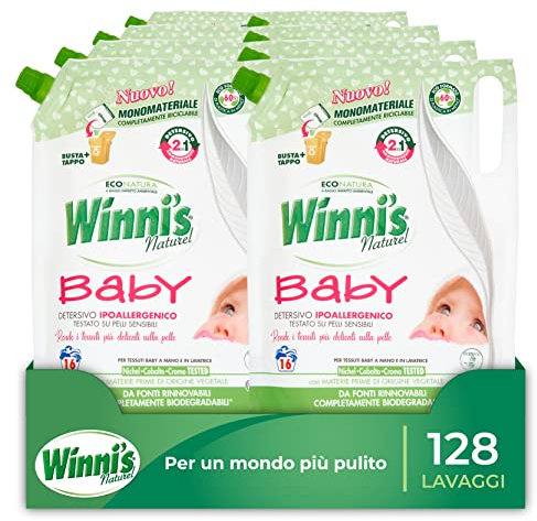 Winni's - Detersivo Lavatrice Baby Ipoallergenico in Ecoformato, 134 lavaggi, con Smacchianti Naturali da Biofermentazione e Materie Prime di Origine Vegetale, 800 ml x 8 Confezioni