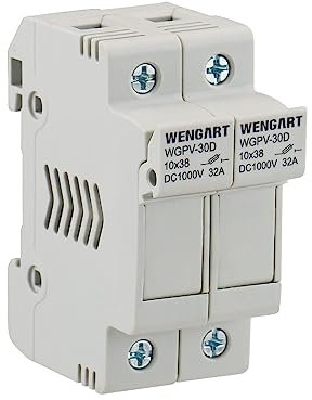 Portafusibile solare Wengart WGPV-30D, 1000 V CC, Supporto portafusibile montato su guida DIN 35 mm per fusibile da 10 x 38 mm gPV fino a 32 A, da 18 a 8 AWG (2 Pole)