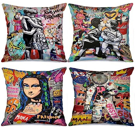 Tucocoo Banksy Street Graffiti Hugs Picture Cushion Covers Mona Lisa Pillow Decorative 18x18inch Set of 4 Astronaut Little Boy and Girl Kiss Throw Cases for Sofa Living Room