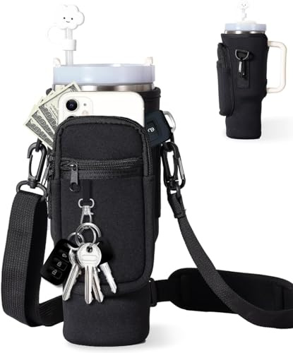 dabria Bolsa de Transporte para Botella de Agua con Bolsillo para teléfono Stanley de 40/30 onzas, Bolsa de Neopreno para Botella de Agua con Correa Ajustable y Cubierta para popote (Negro, 30OZ)