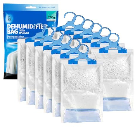 12X Wardrobe Hanging Dehumidifier Bags 210gm Each for Damp, Mildew, Mold Prevention - Moisture Absorber Ideal for Small Spaces, Bedroom, Garage, Kitchen, Office, Caravan