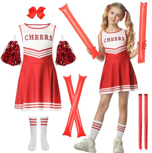 JONRRYIN Disfraz Cheerleader Niña, Disfraz Animadora Niña, Traje Animadora Niña con Pompones Animadora y Calcetines, Disfraz de Carnaval o Evento Deportivo para Niños 7-12 Años (Rojo, 140CM)