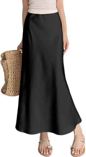 ebossy Elegante Falda Larga de satén de Seda para Mujer, Cintura elástica Oculta, Acampanada, Falda Larga, Negro -, M