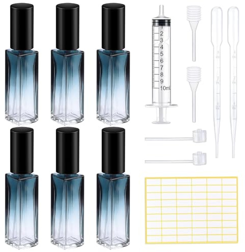 LHOEST 6 stycken parfymsprayare, påfyllningsbara, 10 ml, 6 st bärbara sprayflaskor, litet glas med tratt droppare etikettklistermärken, mini parfym, fyllare, parfymsprejflaska för resor män kvinnor