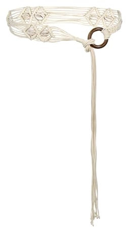 TeeYee Flechtgürtel Damen Boho Style Kleid Taillengürtel Quaste Gürtel Seil Geflecht Holzperlen Bund Bindegürtel Schmaler Gürtel Weiß