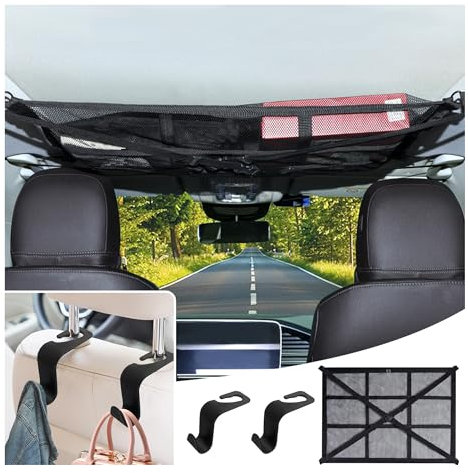Red Techo Furgoneta Camper con 2 Ganchos para Reposacabezas,Gran Capacidad Anticaída Red Coche Mantiene Ordenado El Interior del Coche,Universal Red Elastica Accesorios Coche