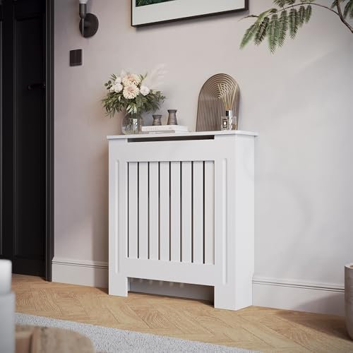 SIRHONA - Cubierta radiador, mamparo vertical, MDF lacado blanco, 78 x 19 x 81,5 cm, se puede colocar decoraciones, adecuadas para el salón, el dormitorio, el pasillo