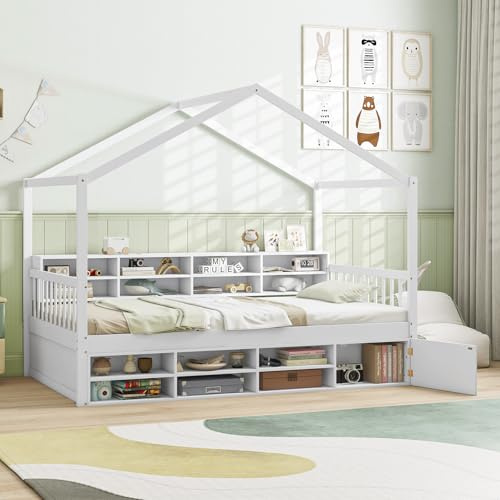 COSTWAY Wooden Kids Bed Frame, 3FT Single Size House Bed with 14 Storage Cubes, Enclosed Cabinet, Wood Slats & Fencing, Chidren Floor Bed for Boys Girls, No Box Spring Needed (White)