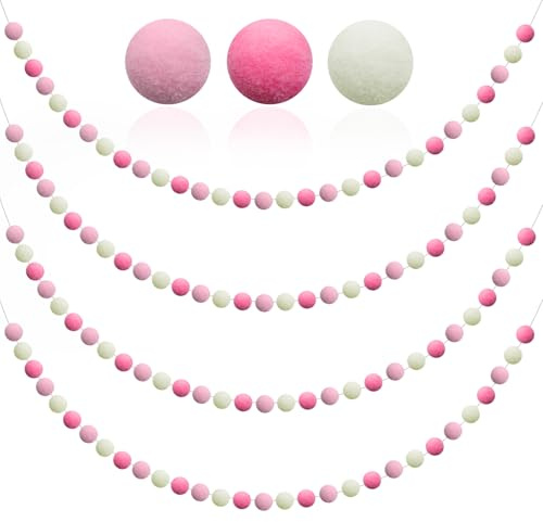 4 Pack 6.5 Feet Long Pom Pom Garland Red Pink White Felt Ball Garland 30 Balls for Valentine Day Wedding Party Birthday Decor Ornament