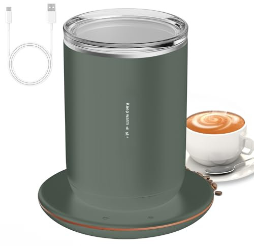 SWLECA Tasse à café chauffante, température constante de 55 °C, tasse magnétique auto-mélangeuse 10 W, 300 ml, isolation thermique, base à bouton tactile (vert)