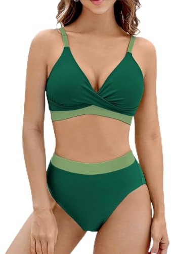 Maillot de Bain 2 pièces Taille Haute avec col en V et Bretelles réglables pour Femme (FR/ES, Alpha/Lettres, Moyen, Taille Normale, Taille Normale, Vert)