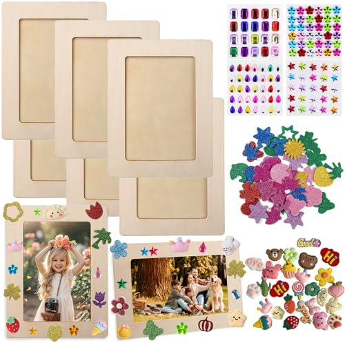 MWRWRR 6 Pz Cornice per Foto in Legno Fai Da Te, cornici per bricolage, colore legno, set di cornici rettangolari, per bambini, con pietre glitterate, in gomma espansa per compleanni, anniversari