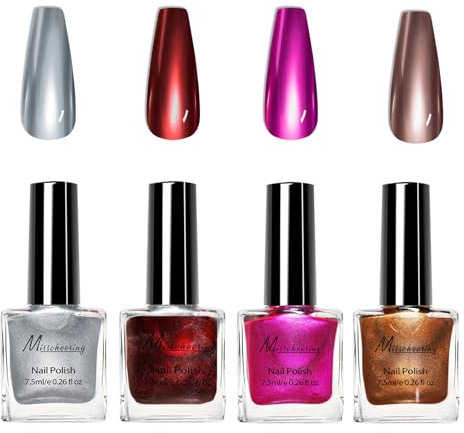 Metallic Mirror Nail Polish Set,4 Colors Chrome Gel Nail Polish | Long-Lasting Quick-Dry High Shine Finish,Salon-Quality Holographic Nails in Shiny Chrome DIY Manicure(Silver,Red,Purple,Copper)