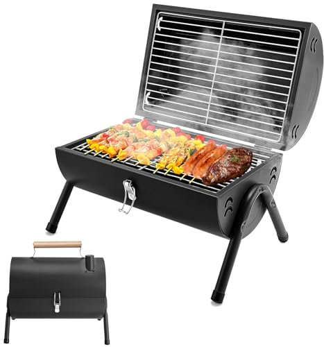 Barbacoa de carbón vegetal, pequeña, plegable, doble superficie, barbacoa, barbacoa, mini barbacoa con tapa, barbacoa portátil, para exteriores, camping, balcón y picnic (50 x 37,5 cm)