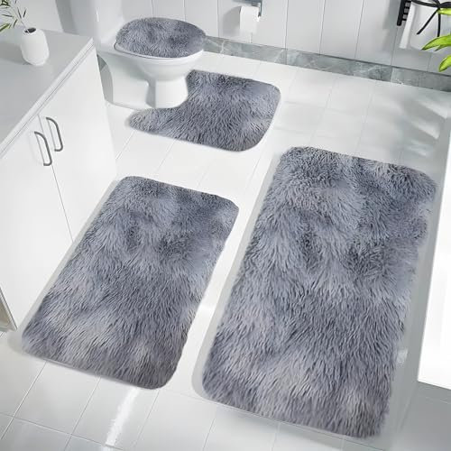 Qixuer WC Vorleger Set 4-teilig mit Ausschnitt, rutschfeste Badezimmermatte 40x60+40x50+40x40+40x80cm, waschbare Badteppiche aus Polyester in Hellgrau