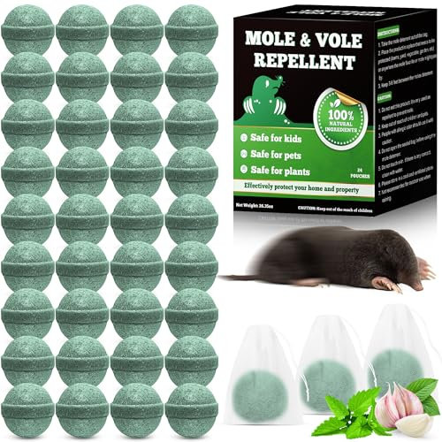 Mole Repellent Outdoor Indoor - 24 Pcs Peppermint Oil Mole Deterrent with Textile Pouch for Easy Hanging, Long Lasting Pest Deterrents Dark Green Balls for Gardens, Lawns & Yards