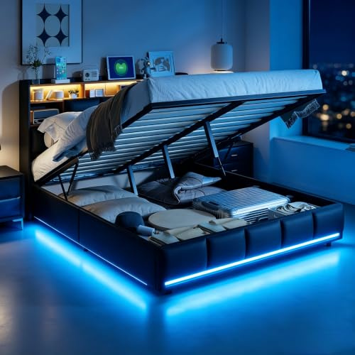 MOTUZP Sängklädsel, dubbelsäng, sängsystem, säng 140 x 200 cm med sänglåda, sänggavel med LED och USB-laddningsstation, stabil sängram med ribbotten, utan madrass (svart PU)