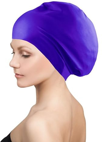 Dalephoric Bonnet de Bain Femme, Bonnet de Natation en Silicone Imperméable, Extensible Confortable, Swimming Cap, Doux et Résistant, pour Les Cheveux Longs, Tresses, Épais ou Bouclés, Violet