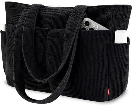 Laxee Corduroy Tote Bag for Women, Large Shoulder Bag Handbag with Zip and Multiple Compartments, Elegant Women's Laptop Tote Bags Work Bag Nurse Bag for Work, School, Travel, Shopping-Black
