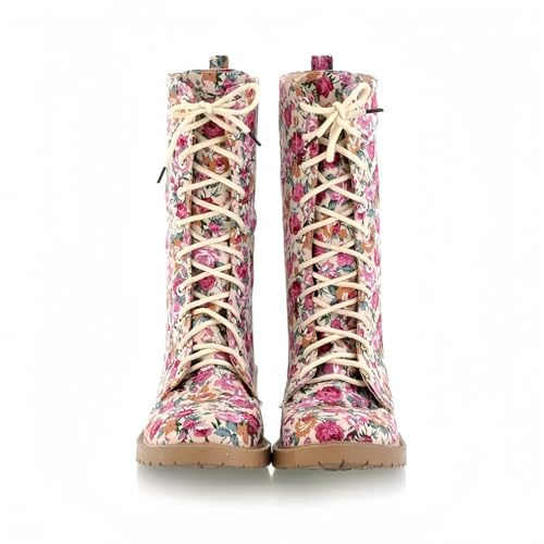 FQLGJMY Mujeres medio ternera rodilla alta vaquero botas de combate vintage diseño de flores étnicas cuero encaje hasta dedo del pie redondo grueso tacones bajos botas de cabalgado Boho invierno