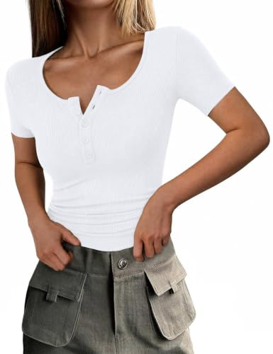 Totatuit Womens Ribbed T Shirt Short Sleeve Scoop Neck Slim Fit Top