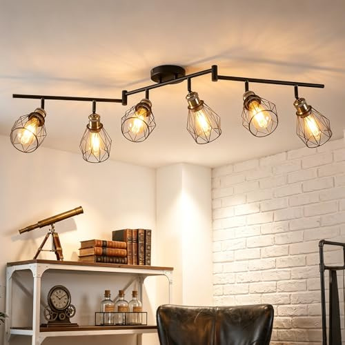 ANWIO Ceiling Light Fitting,Spotlights Ceiling Light 6 Way,Black Kitchen Lights Ceiling with E27 Socket,Adjustable Wall Spot Light Ceilings,Retro Ceiling Lights Living Room(No Bulbs)
