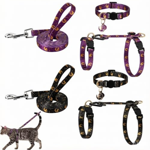 GSrenyu 6 Pcs Cat Harness and Lead Set, Cat Collar with Bell Moon and Star | Cat Harness Escape Proof, Kitten Harness and Lead Set, Easy To Wear, 1.5 M Cat Leash, Quick Release, Adjustable Fit